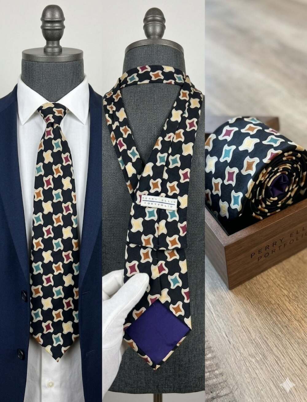 Vintage Perry Ellis Geometric Shapes Blue Silk Genuine Burberry 4"